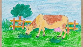 How To Draw Cow Eating Grass In The Field  Kids Drawing [upl. by Asselim]