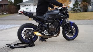 Yamaha MT07 Akrapovic Cold start  Revs  Fly by LOUD [upl. by Salazar]