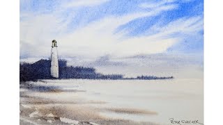 Quick and simple wet on wet watercolor clouds and a lighthouse Great for beginners Peter Sheeler [upl. by Namijneb]