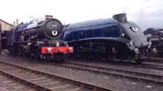 6023 King Edward II amp 60007 Sir Nigel Gresley perform memorial whistles at Didcot 542014 [upl. by Riddle]