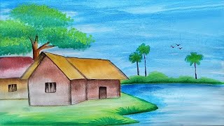 How to draw a scenery landscape with water color for beginners [upl. by Rabaj]