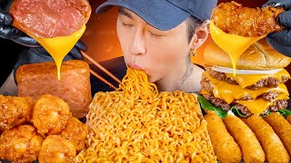 ASMR MUKBANG  Triple Cheeseburger Spicy Noodles Spam Cheese Stick Fried Chicken [upl. by Attennot]