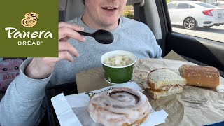 PANERA BREAD EATING SHOW  REVIEW chipotle chicken sandwich mac and cheese cinnamon roll [upl. by Cj500]