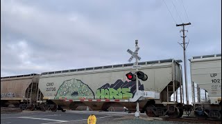 UP 7125 Grain Train North  E Armstrong Road Railroad Crossing Lodi CA [upl. by Lotti]