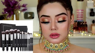 How to use Makeup Brushes Indepth Tutorial  Sexy Golden Glitter Eye Look  Party Makeup [upl. by Wil]