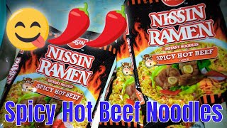 NISSIN RAMEN SPICY HOT BEEF INSTANT NOODLES [upl. by Drawets894]