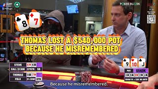 Tomas lost a 540000 pot Because he misremembered poker casino pokerplayer pokerpro [upl. by Lancey219]