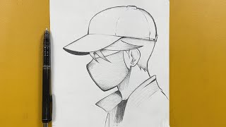 Easy to draw  How to draw a boy wearing a hat n face mask [upl. by Einot198]