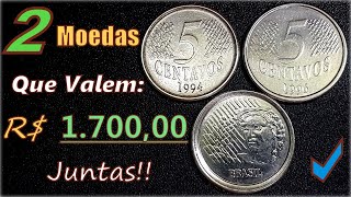 2 Moedas 5 centavos quotRaras que valem R 170000 Juntas Anos 1994 e 1996 quotmulasquot cabecinha [upl. by Ovida913]