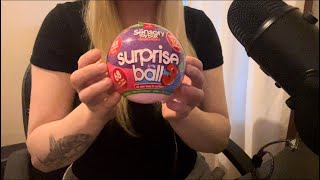 ASMR  sensory toy surprise ball unboxing  whispering rain squishing and fidgeting sounds [upl. by Adelle]