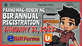 How to Renew BIR Registration 2023 thru eBIRForms 0605 payment form  UnionBank Tagalog [upl. by Joye948]