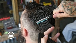 Slicked Back Haircut with Sharp Beard Trim [upl. by Binky]