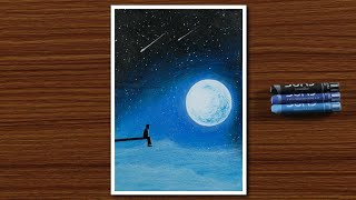 Easy Oil Pastel Drawing for Beginners  A Boy in Moonlight Night  STEP by STEP [upl. by Eitsud]