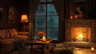 Rainy Night in Cozy Room Ambience with Soft Jazz Music 💤 Heavy Rain Crackling Fireplace to Sleep 4K [upl. by Wendolyn225]