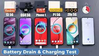 cmf phone 1 battery drain amp charging test vs Redmi 13 5GiQoo Z9xRealme P1Moto g64 5g [upl. by Eiroc969]