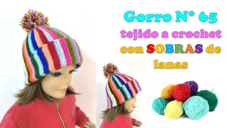 Gorro Unisex con pompón Super Fácil de tejer a crochet SOLO con sobras de lanas  GORRO N° 65 [upl. by Odlawso122]