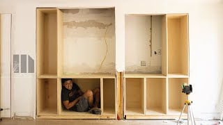 SURPRISE Demo  Installing Builtin Cabinets  Living Room Remodel  DIY [upl. by Atnahc]