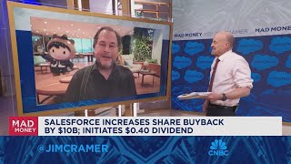 Salesforce CEO Marc Benioff goes oneonone with Jim Cramer [upl. by Eelak]