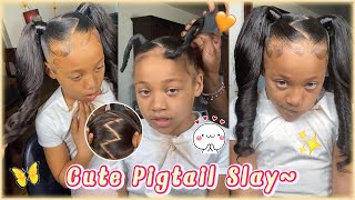 🍬How To Sleek Double Ponytail w Weave On Natural Hair  Zig Zag Middle Part For Kid Styles [upl. by Anirbak]