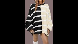 Fisoew Womens Striped Pullover Sweater Crew Neck Long Sleeve Knitted Color Block Casual Loose Lightw [upl. by Gemini]