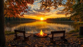 Autumn Lakeside Sunset with Cracking Fire Rustling Fall Leaves amp Nature Sounds 🍁🔥 [upl. by Eirbua]