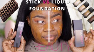 Huda Beauty STICK FOUNDATION vs ORIGINAL LIQUID FOUNDATION  Foundations Comparison in Mocha [upl. by Eatnom605]