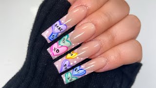 Long Tapered Square Acrylic Nails  Candy Heart Valentine Nails  Watch Me Do My Own Nails [upl. by Eldoree517]