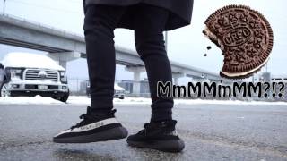 YEEZYS IN THE SNOW YEEZY 350 V2 OREO BLACK amp WHITE REVIEW  ON FEET [upl. by Roshelle276]