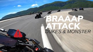 4 BIKES 1 CUP  KTM 890 DUKE  KTM 990 SD  DUCATI MONSTER 1200R RAW SOUND [upl. by Chandra384]