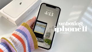 iphone 11 unboxing 2023 white 🐰🤍 aesthetic unboxing  set up accessories amp camera test ✧ [upl. by Yortal]