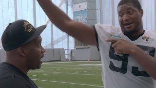 Calais Campbell Demonstrates How to Get Low when you are LARGE amp Reveals Why His Voice is so Unique [upl. by Eirtemed]