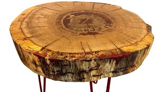 Blood Oak Cookie Slab Coffee Table With Red Hairpin Steel Legs  Oak [upl. by Oler]