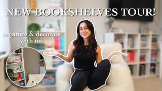 updated bookshelf tour  reorganize amp decorate my new shelves with me [upl. by Trstram879]