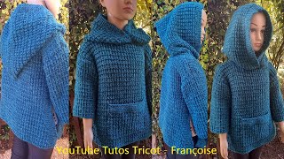 Tuto Tricot Poncho Enfant à capuche et manches en 5 tailles au point Relief et point Mousse [upl. by Amil]