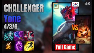 CHALLENGER Top Yone vs Gnar lol KR solo rank Full Game 1422 [upl. by Doralynn]