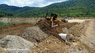 BIG THE PROJECT BULLDOZER CAT D6R2 USE POWER PUSHING CLEARING DIRT ACTIVELY BUILDING RESORT DAM [upl. by Brietta968]