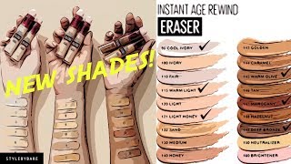 6 NEW SHADES MAYBELLINE INSTANT AGE REWIND ERASER MULTIUSE CONCEALER SUMMER 2019 [upl. by Frendel]