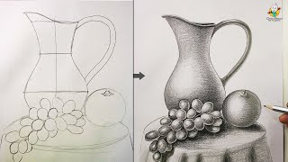 Still Life Drawing for Beginners Easy Step by Step with Pencil Shading  How To Draw a Jug Grapes [upl. by Marteena920]