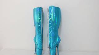 Sorbern Sky Blue Holo Knee High Boots With Ballet Stilettos High Heel Lockable Zipper Lace Up [upl. by Tnahsin485]