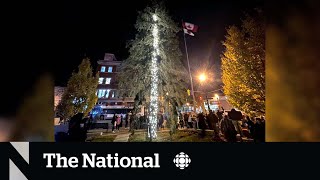 TheMoment Orillia Ont lit up Canadas worst Christmas tree [upl. by Aizitel]