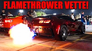 INSANE CORVETTE Z06 RACECAR SHOOTS 8 FOOT FLAMES AT CAR MEET CAR MEET TURNS TO CHAOS [upl. by Lertram662]