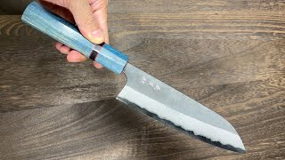 Yoshimi Kato Aogami Super Clad Kurouchi Santoku Knife 170mm with Stabilized Wood Handle Light Blue [upl. by Granniah]