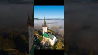 Aerial shot of Spissky Stvrtok medieval church during one of the autumn mornings spisskystvrtok [upl. by Sajovich]