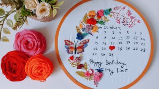 Hoop art hand embroidery butterfly 3D flower calendar art birthday theme [upl. by Mcilroy]