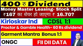 Money Master Leasing Stock Split I FII DII Data I Kirloskar Ind I CDSL Bonus I ONGC I Garment Mantra [upl. by Yralih]