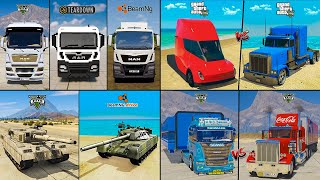 MAN EURO TRUCK VS COCA COLA VS TANK VS TESLA TRUCK IN GTA 5 VS TEARDOWN VS BEAMNG  WHICH IS BEST [upl. by Nnylaehs]