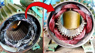 2HP Electric Motor Rewinding Incredible Process  Rebuild Burned Motor Stator Coil [upl. by Leirad740]