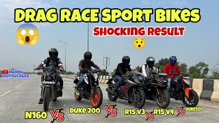 DRAG RACE  N16 VS DUKE200 VS R15V3 VS R15V4 VS DUKE 200  Shocking Result 😯 mannumotovloger [upl. by Joannes56]