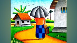 How to easy village scenery drawing step by stepVillage drawing with oil pastel [upl. by Asecnarf]