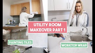 UTILITY ROOM MAKEOVER ON A BUDGET  WRAPPING WORKTOPS PAINTING TILES AND CABINET DOORS [upl. by Ayatal]